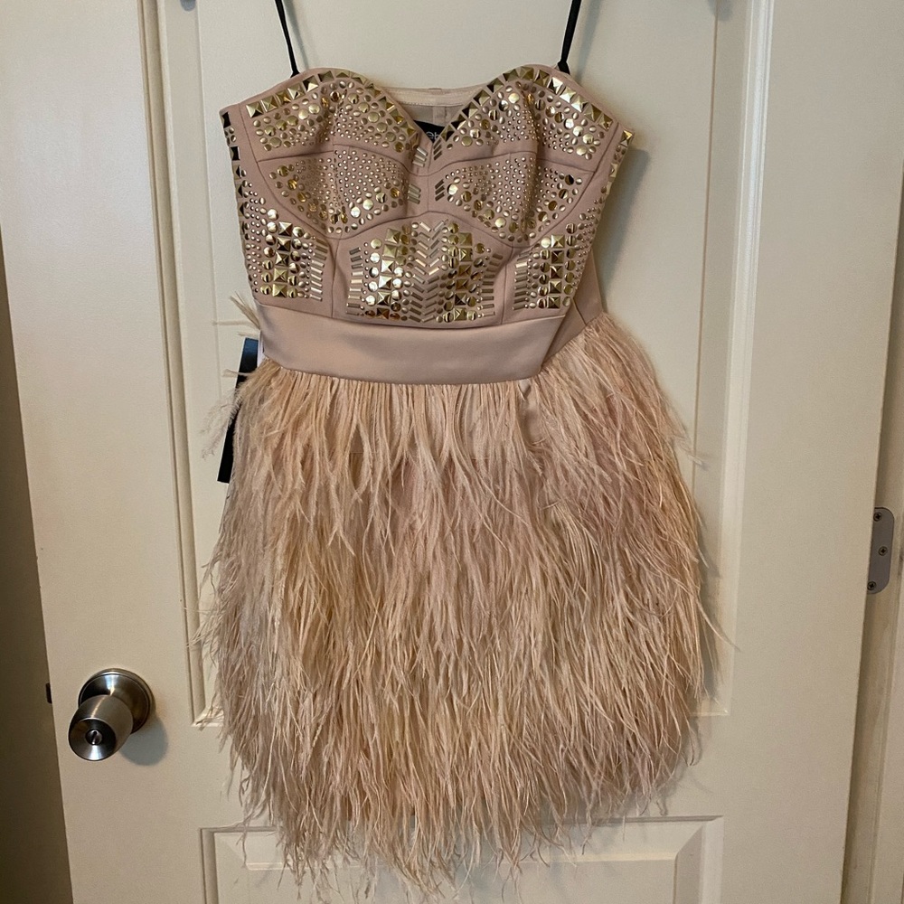 NWT Bebe feather strapless dress
